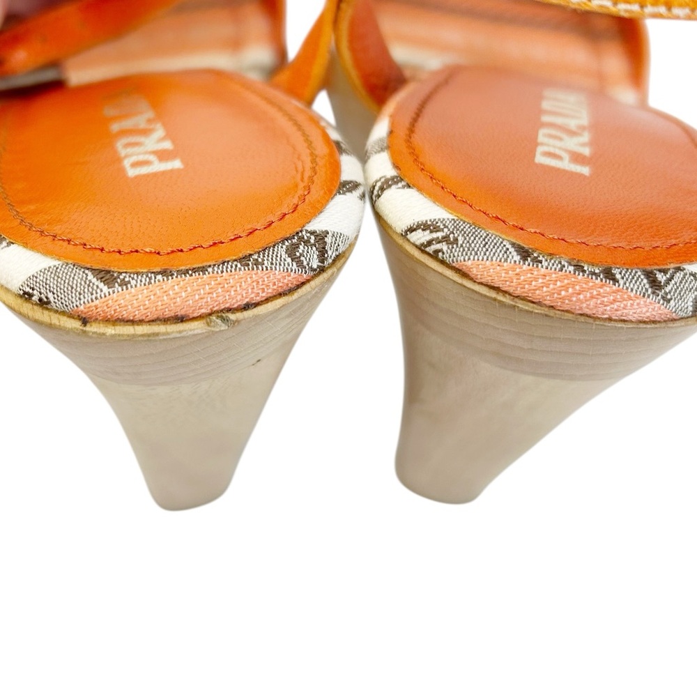PRADA Striped Logo Wood Platform Heeled Sandals - Picture 8 of 9
